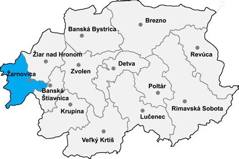 Mapa Slovenska s vyznačenými okresmi Banská Štiavnica, Žarnovica a Žiar nad Hronom