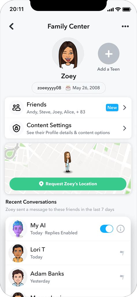 Rozhranie Rodinného centra Snapchat