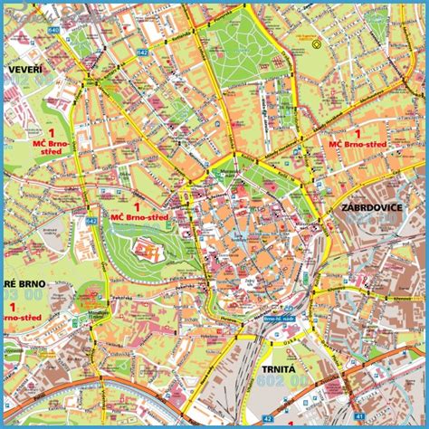 Mapa Brna s vyznačeným centrom