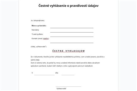 Vzor čestného vyhlásenia o starostlivosti o dieťa