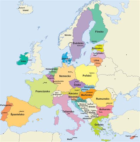Mapa Európskej únie s vyznačenými krajinami