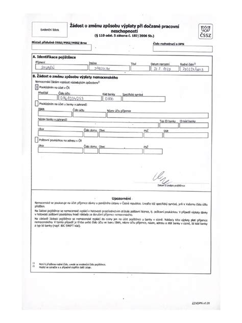 Ilustrácia formulára žiadosti o zmenu platobného účtu