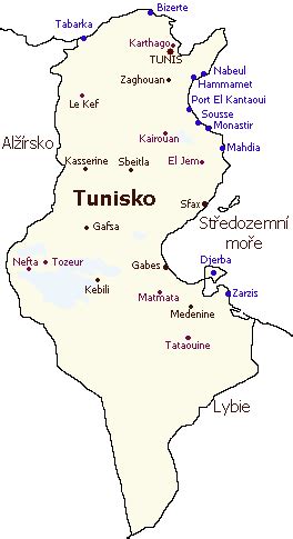 Mapa Tuniska s turistickými letoviskami