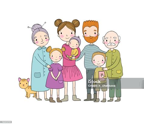 Ilustrácia rodiny s deťmi v posteli