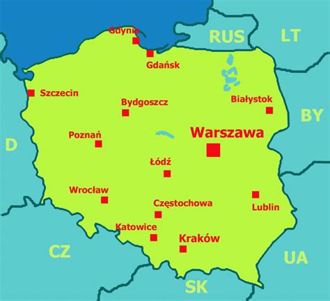 Mapa Poľska s vyznačenými mestami Čenstochová a Katovice